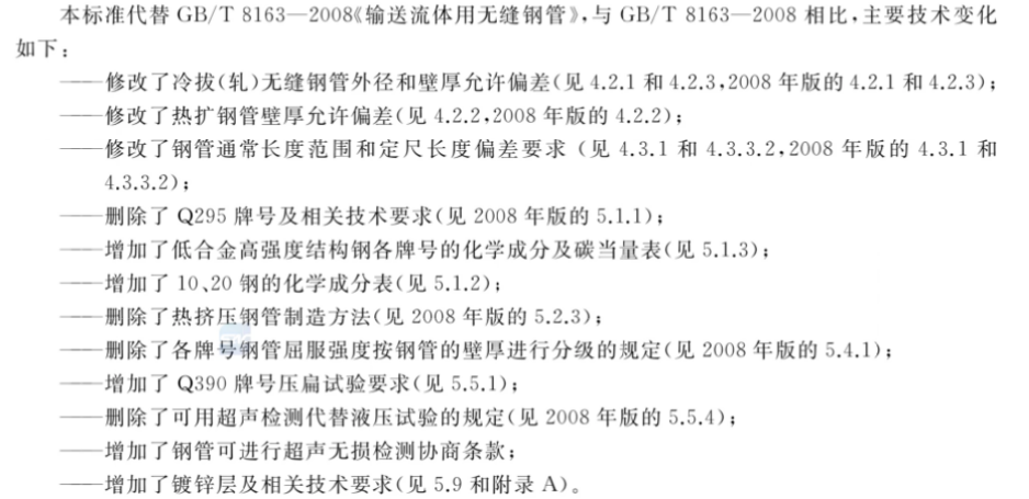 GB/T 8163-2018輸送流體用無(wú)縫鋼管標(biāo)準(zhǔn)與GB/T 8163-2008的變化